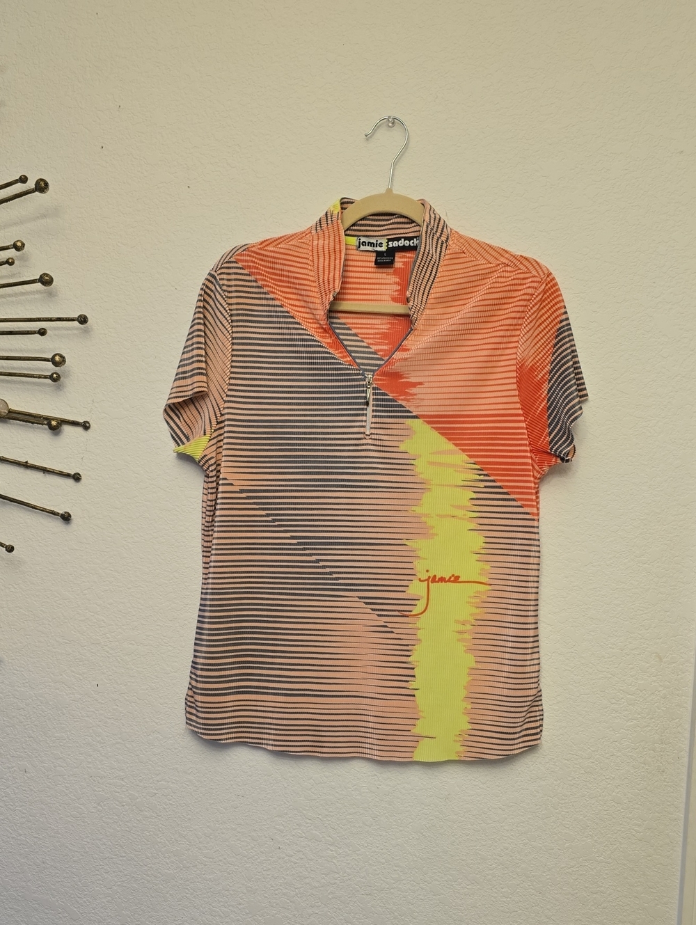 Jamie sadock Orange, Yellow & Black Striped Short Sleeve Golf Polo